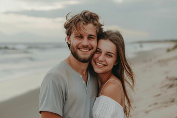 Obraz premium Smiling Couple Embracing on Scenic Beach at Sunset, love and romance concept