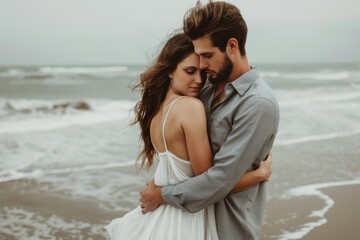 Romantic couple embrace on beach, ocean love photography, beach intimacy concept