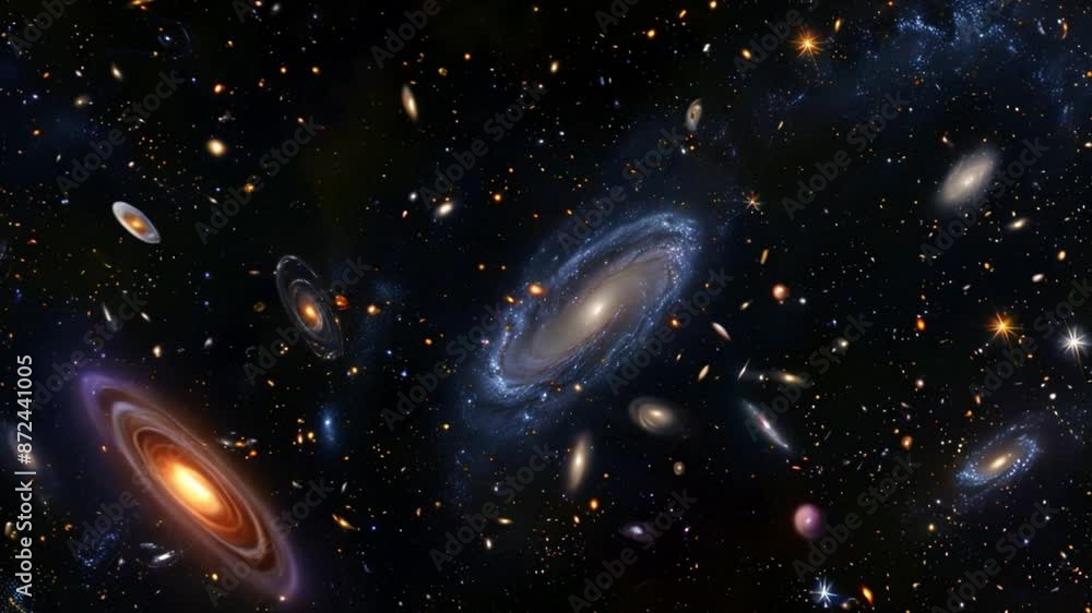 Poster this vibrant image showcasing a multitude of galaxies scattered across a vast expanse of dark space.