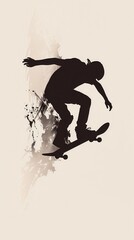 Skateboarder silhouette mid-air trick, dynamic black and white art, energetic urban sports culture