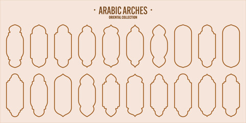 Islamic frames, oriental style objects. Arabic shapes, windows and arches. Traditional ornamental banner, frame. Muslim holidays, Ramadan Kareem. Modern eastern architecture. Vector illustration