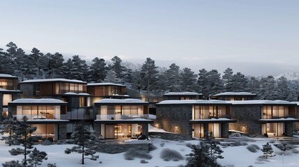 Obraz premium Modern cabins in a snowy forest setting with warm interior lights, showcasing a tranquil winter evening scene in the wilderness.