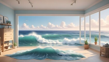 Fototapeta premium A serene, well-lit studio space with ocean waves crashing in the distance.