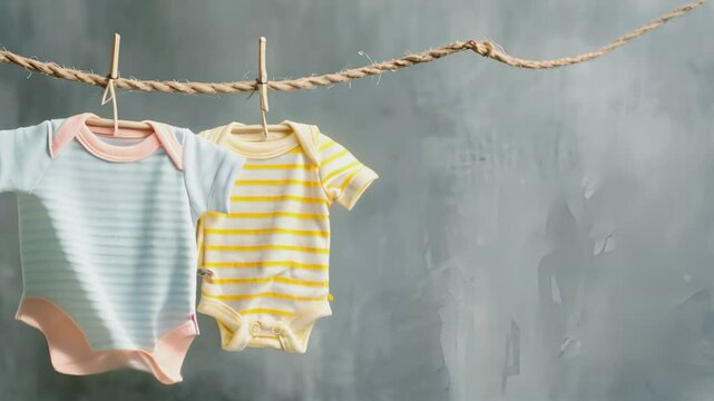 Baby clothes hanging on rope on grey background, A row of baby clothes hanging on a clothesline. The clothes are all different colors and styles