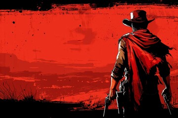 A rugged cowboy with a stern expression, dressed in a red cloak and hat, stands confidently in a desolate desert landscape. Two guns are holstered on his hips, ready for action. Copy space