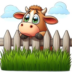 Concept "The Grass is Always Greener", a cow looking longingly over a fence at greener grass on the other side
