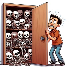 Concept: "Skeletons in the Closet", a person nervously opening a closet full of skeletons