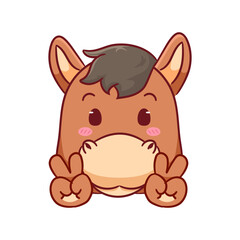 Cute Horse Poses Peace Hand Sign Gesture Cartoon Character. Adorable and Kawaii Animal Icon Mascot Concept Design. Logo Vector Illustration. Isolated White Background.
