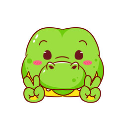 Cute Crocodile Poses Peace Hand Sign Gesture Cartoon Character. Adorable and Kawaii Animal Icon Mascot Concept Design. Logo Vector Illustration. Isolated White Background.