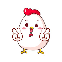 Cute Chicken Poses Peace Hand Sign Gesture Cartoon Character. Adorable and Kawaii Animal Icon Mascot Concept Design. Logo Vector Illustration. Isolated White Background.