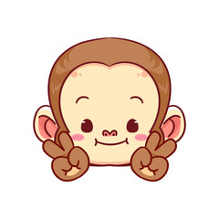 Cute Monkey Poses Peace Hand Sign Gesture Cartoon Character. Adorable and Kawaii Animal Icon Mascot Concept Design. Logo Vector Illustration. Isolated White Background.