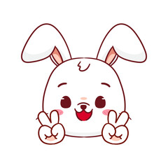 Cute Rabbit Poses Peace Hand Sign Gesture Cartoon Character. Adorable and Kawaii Animal Icon Mascot Concept Design. Logo Vector Illustration. Isolated White Background.