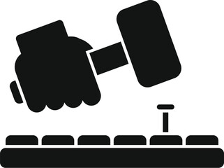 Hand is holding a dumbbell and using it to hammer a nail into a board