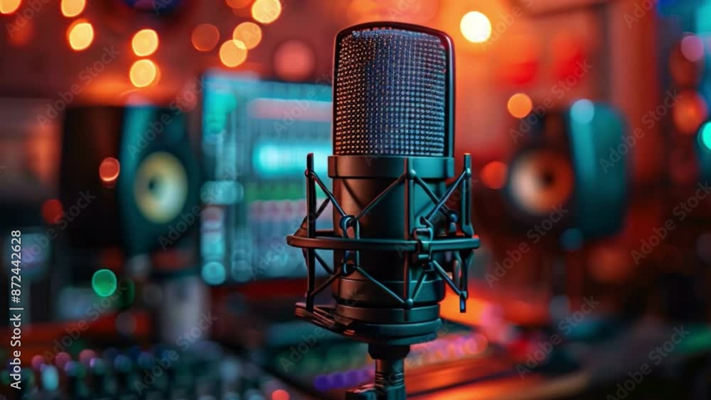 Poster this black microphone in a recording studio with blurred background lights.