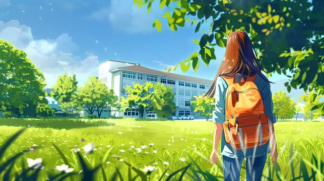 Girl with backpack on school buildings background. Seamless loop video background