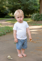 The little boy's ice cream scoop has fallen to the ground, all that's left is an empty cone, disappointment, bitterness, despair, sadness, guilt, remorse, regret, oops what an accident, bad luck!