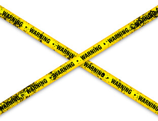 Old grunge barricade construction tape. Yellow police warning line, brightly colored danger or hazard stripe, ribbon. Restricted area, zone. Attention symbol. Vector illustration