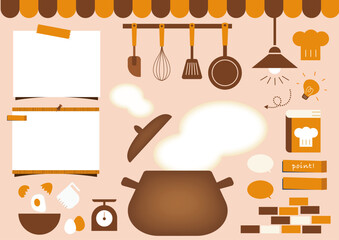 可愛いキッチン　レシピ　料理の挿絵とあしらい素材セット　イラスト
