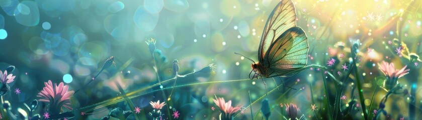 Butterfly in a Field of Flowers Under the Sunlight