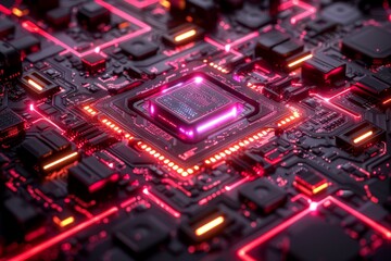 Fototapeta premium Abstract technology background. Glowing microchip on dark circuit board. Futuristic motherboard with glowing elements. Close up of electronic components on computer motherboar