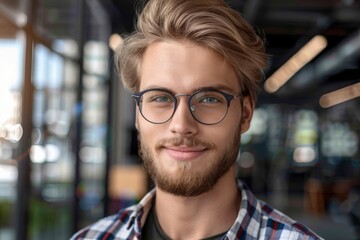 Obraz premium Portrait of young man with glasses and beard, modern hipster style and confident smile