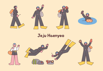 Korean female divers are collecting shells and seafood from the sea. Jeju Island female diver character set.