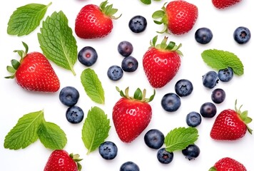 Assorted forest berries, freshly picked, displayed in a top view arrangement against a white background. Creating a border frame with a flat lay presentation.