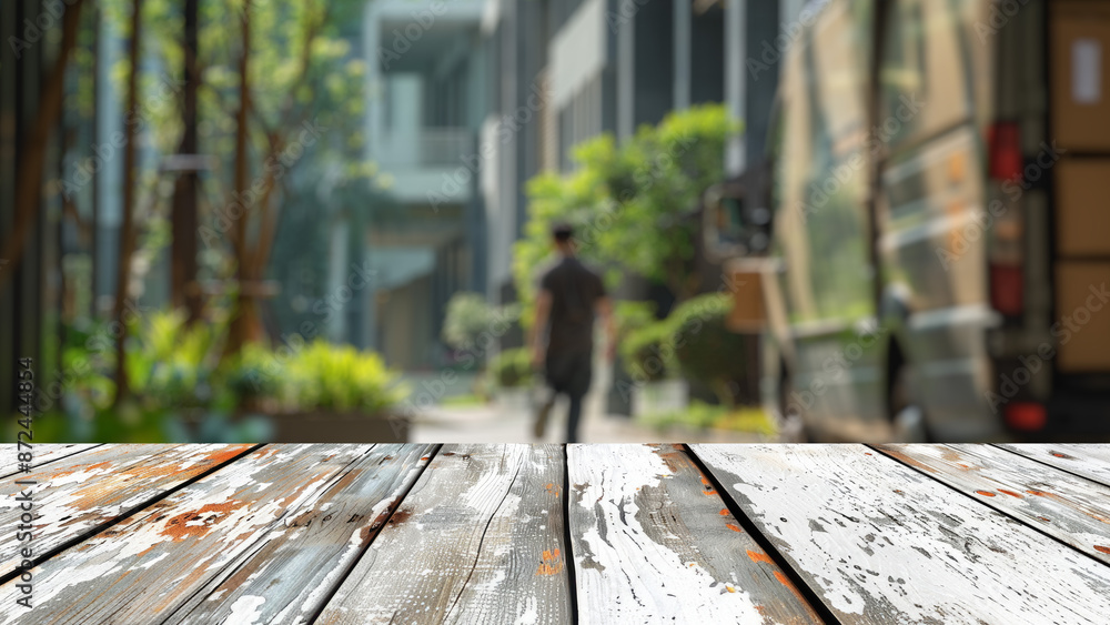 Poster empty wood table top with blur background of warehouse of factory. the table giving copy space for p