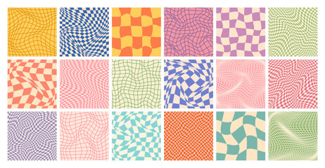 Groovy checkered pattern, colorful distorted tiled grid. Vintage wavy curved backdrop, distortion effect. Funky geometric chessboard texture, retro background in 90s style, y2k. Vector illustration