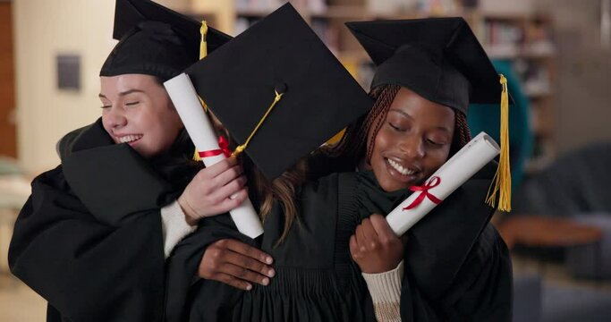Friends, university and students hug for graduation, academic ceremony and achievement. College scholarship, school and women embrace with certificate on campus for education, learning and success
