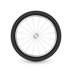 Fototapeta premium Realistic 3d bicycle wheel. Bike rubber tire, shiny metal spokes and rim. Fitness cycle, touring, sport, road and mountain bike. Vector illustration