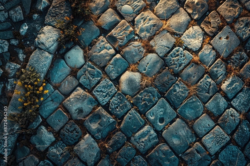 Poster a close up of a cobblestone walkway with a few weeds growing in between the stones
