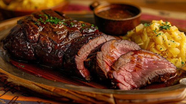 Sliced ​​rare Brazilian Picanha with caramelized fat, farofa and vinaigrette sauce on the side