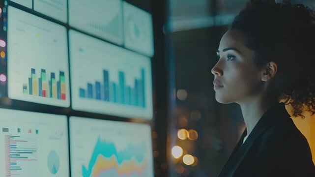Portrait woman present chart. Exclusive business female is pointing at the chart and seems to be explaining and present business, professional, confident