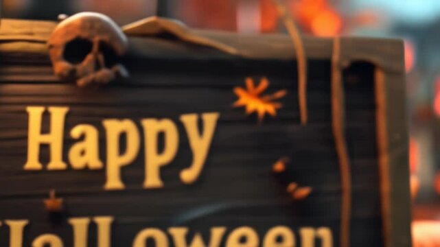 4K Happy Halloween sign board in front of haunted scary house with autumn vibes
