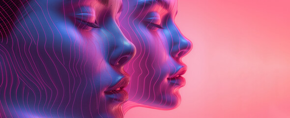 Obraz premium Futuristic 3D Faces in Neon Blue and Pink - Abstract Conceptual Art