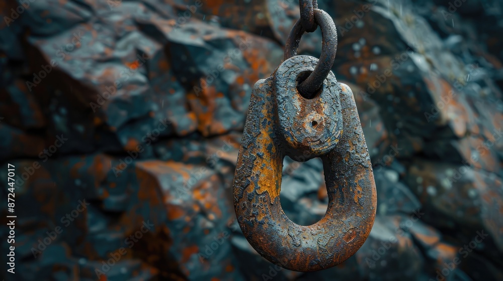 Poster a rusty chain is hanging from a rock. the chain is bent and twisted, and it is old and worn. the ima