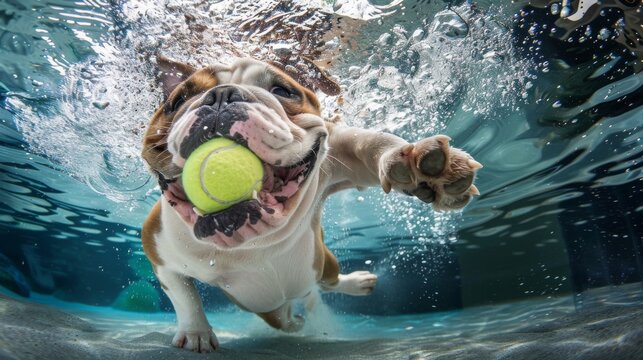 Energetic Bulldog Enjoying Underwater Tennis Ball Activity
