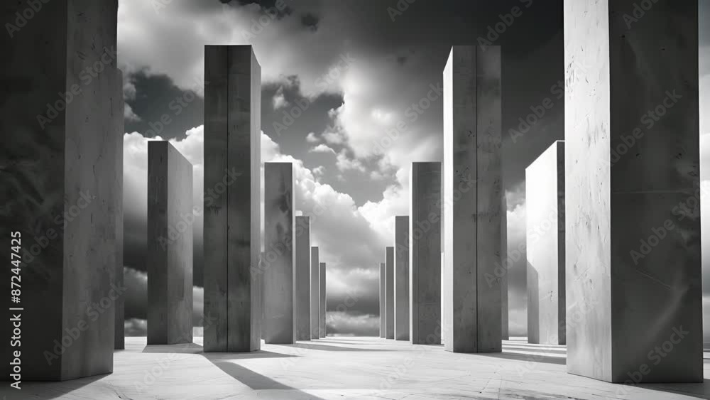 Poster a monochromatic scene featuring sleek and angular pillars looming against a cloudy sky.