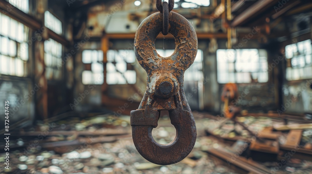 Poster a rusty chain hanging from the ceiling of a dilapidated building. the chain is bent and twisted, and