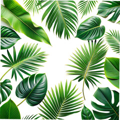 Collection of Green Tropical Leaves Isolated on White Background