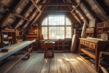 A wood workshop with a large window and a lot of wood
