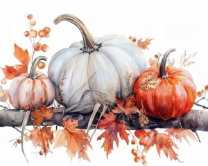 Autumnal Pumpkins and Leaves in Watercolor Style