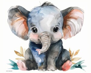 Adorable Watercolor Baby Elephant with Floral Wreath Celebrating Baby Shower