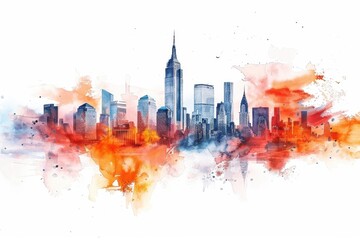 Vibrant Watercolor Cityscape with Dramatic Skyscrapers and Silhouettes