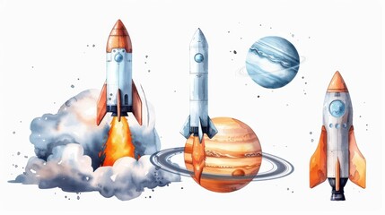 Futuristic Watercolor Spacecraft and Planetary