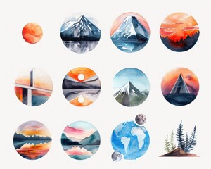 Abstract Geometric Landscape Icons in Vibrant Watercolor Styles