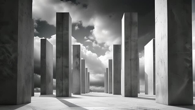 A monochromatic scene featuring sleek and angular pillars looming against a cloudy sky.