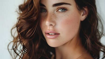 Fototapeta premium Beautiful woman with brown hair exudes elegance. 