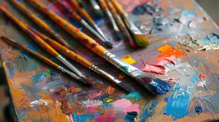 Fototapeta premium Close-up of messy paintbrushes on an artist's palette with vibrant colors, showcasing creativity and artistic expression.